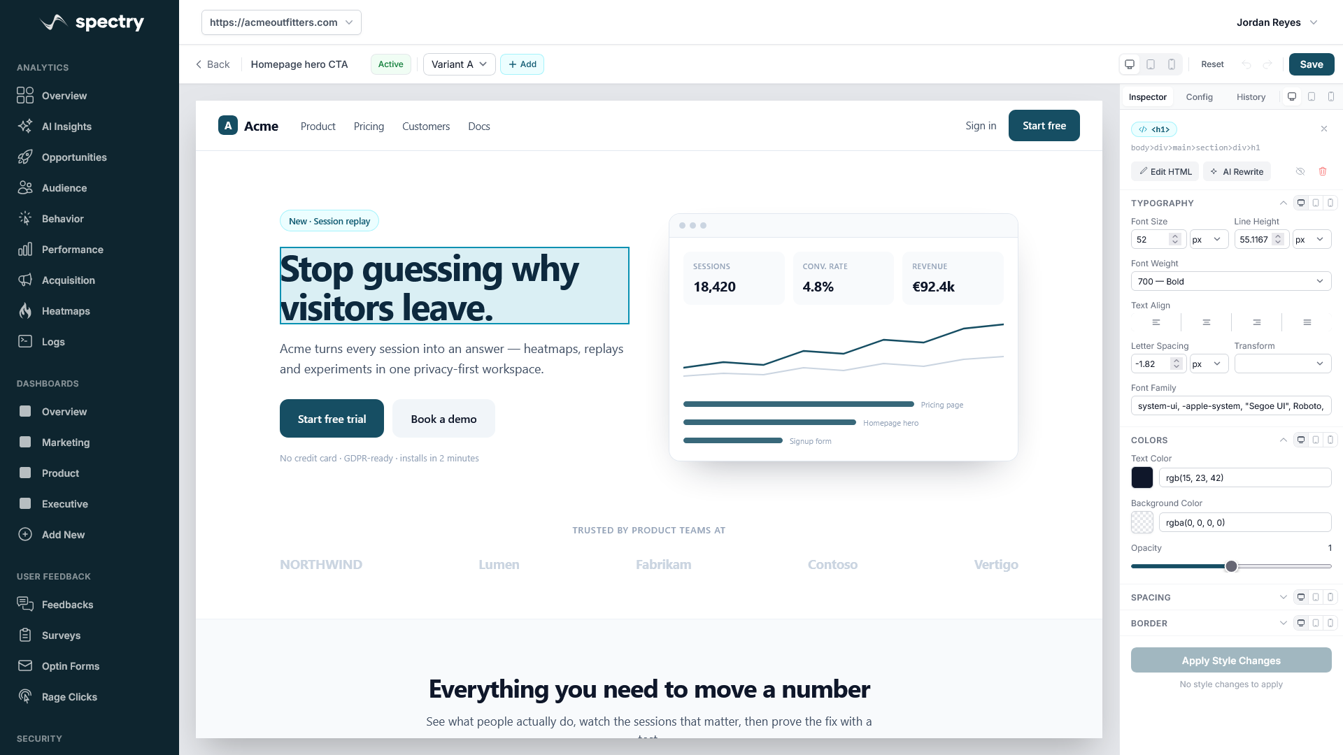 The Spectry visual editor with a headline selected on a live page and a typography inspector open beside it