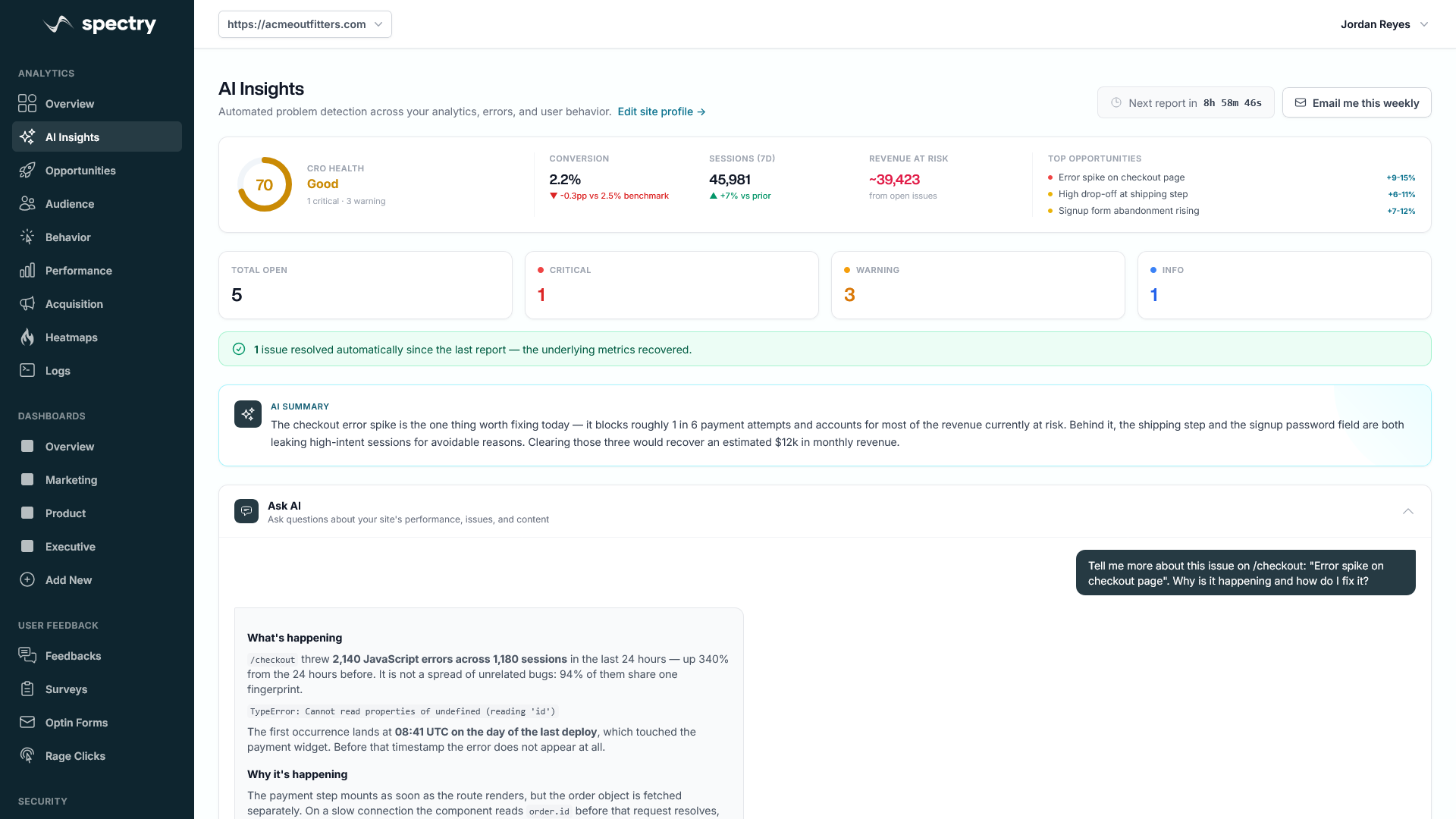 An AI Insights report in Spectry, listing critical, warning and info findings with recommendations