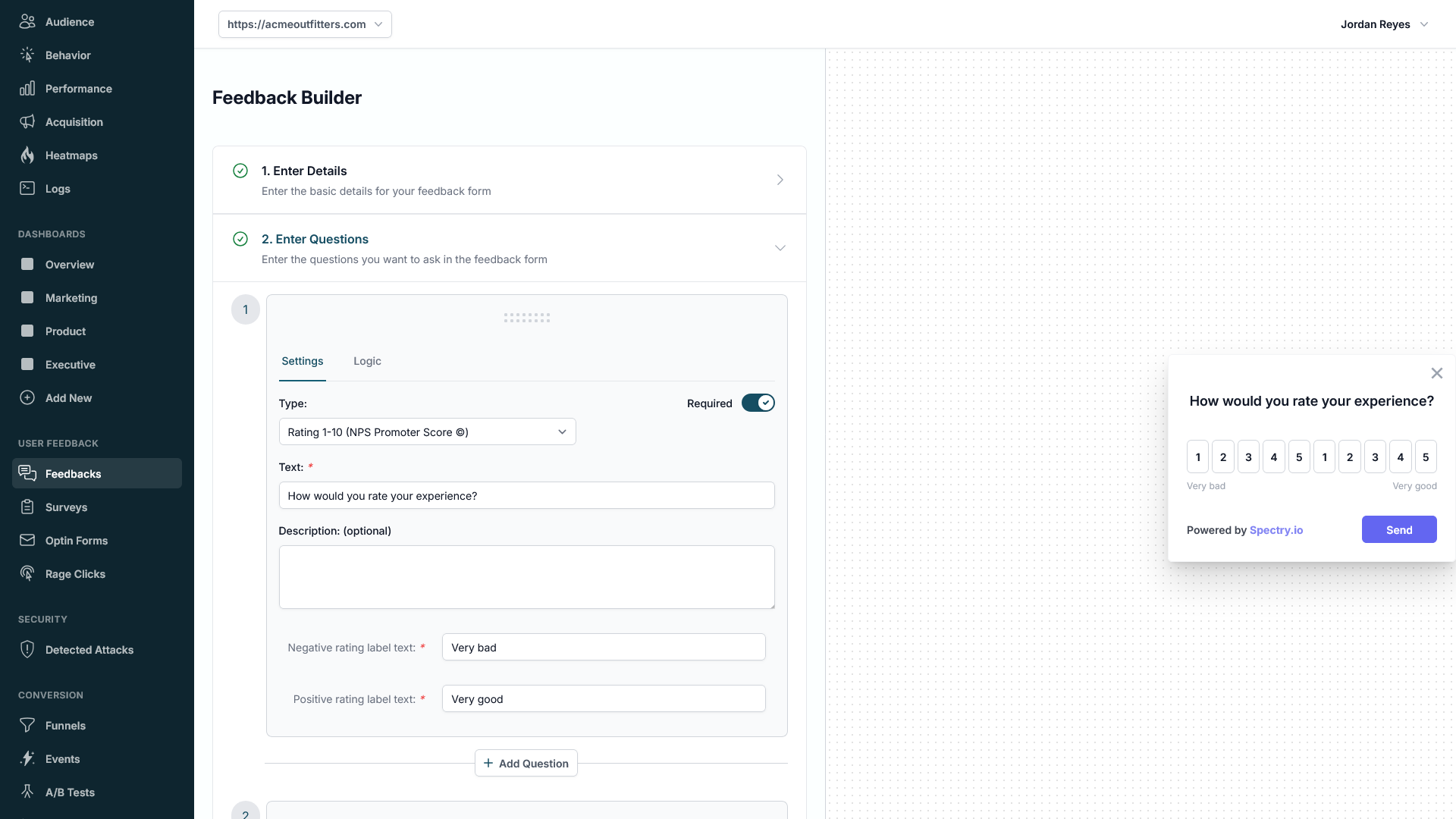 Feedback responses in Spectry, with ratings, comments and the page each one came from