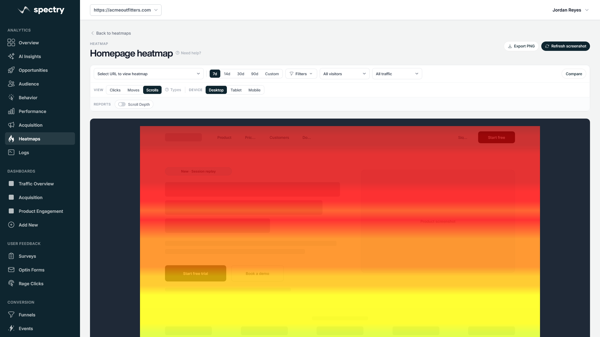 Scroll and click heatmap overlays on a store page