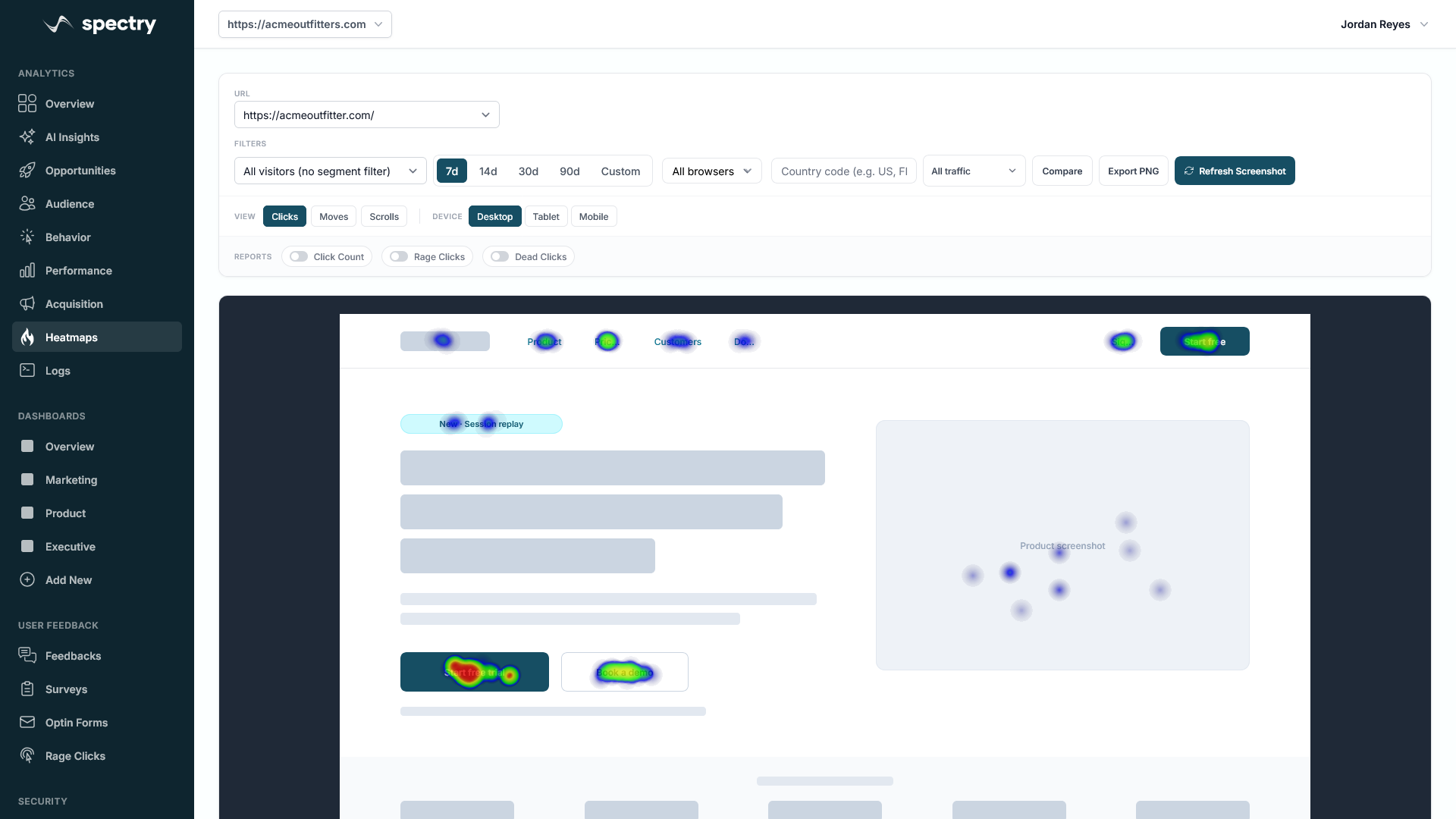 A click heatmap in Spectry, with view, device and report filters above the captured page