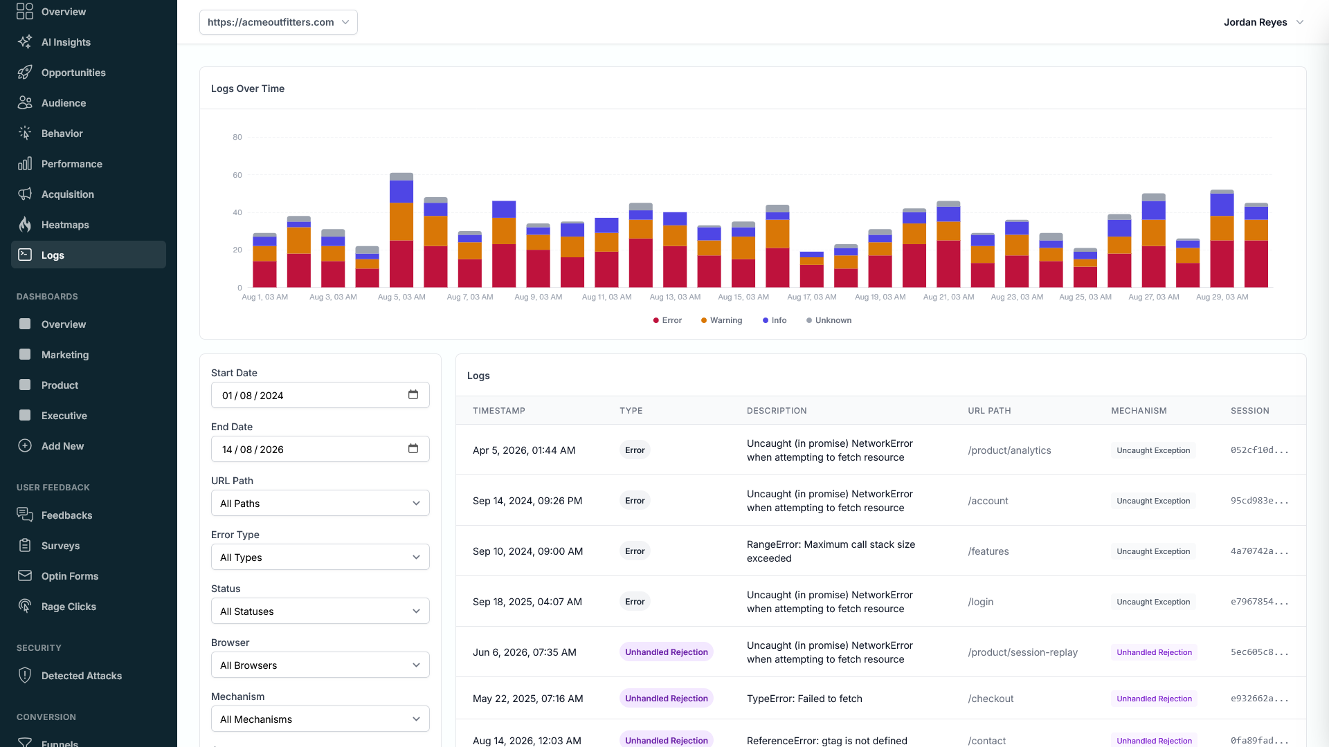 The Spectry log view, with errors and warnings charted over time above a filterable table of individual events