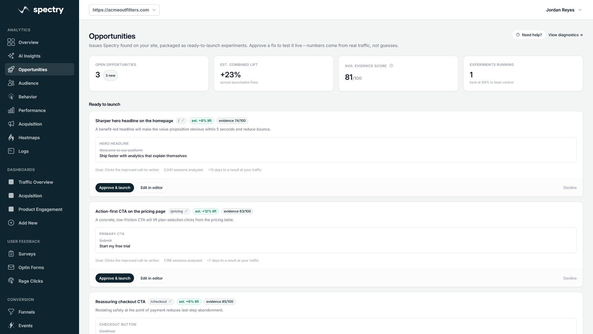 AI-proposed optimisation opportunities ready to approve as A/B tests